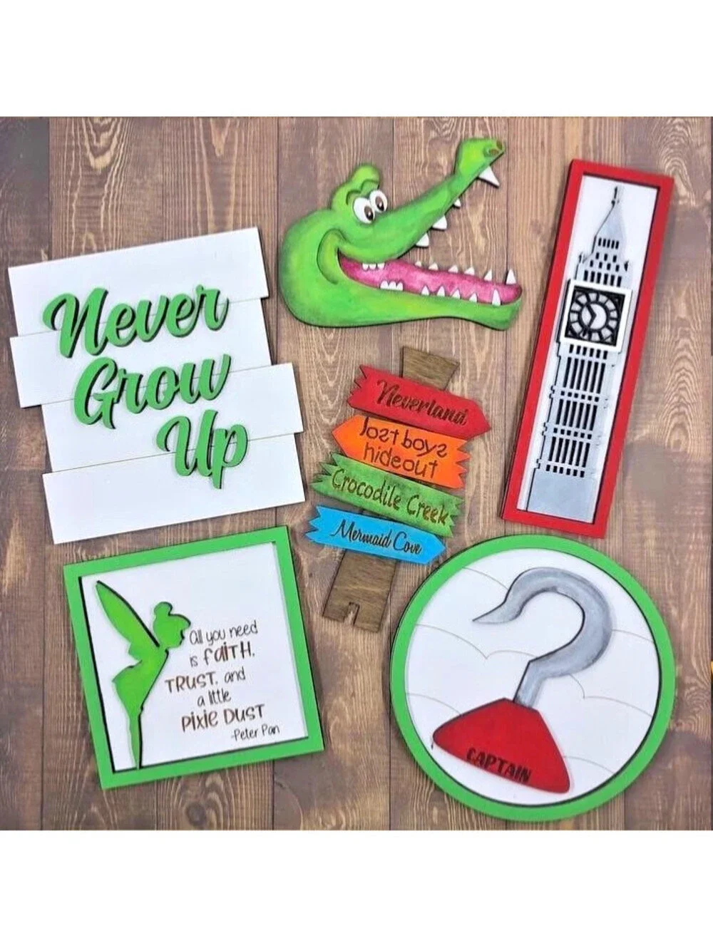 lot of 6 Pcs Peter Pan Tiered Tray Decor Set Wooden Signs - hand painted OOAK